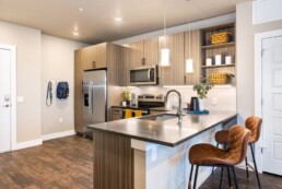 The interior of a GW Apartment unit featuring the kitchen