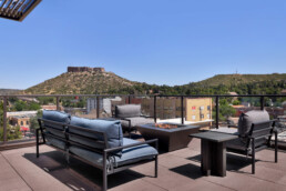 A patio at Riveralk Luxe with views of Castle Rock